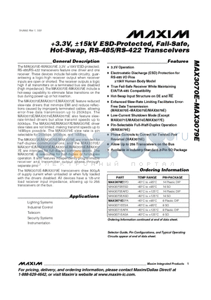 MAX3070EAPD datasheet - 3.3V, a15kV ESD-Protected, Fail-Safe, Hot-Swap, RS-485/RS-422 Transceivers