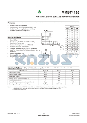 MMBT4126 datasheet - PNP SMALL SIGNAL SURFACE MOUNT TRANSISTOR