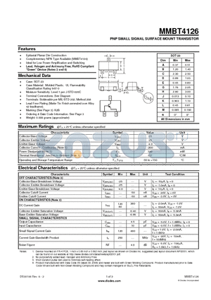 MMBT4126-7-F datasheet - PNP SMALL SIGNAL SURFACE MOUNT TRANSISTOR