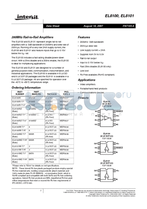 EL8100IWZ-T7 datasheet - 200MHz Rail-to-Rail Amplifiers