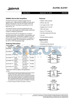 EL8100IWZ-T7 datasheet - 200MHz Rail-to-Rail Amplifiers