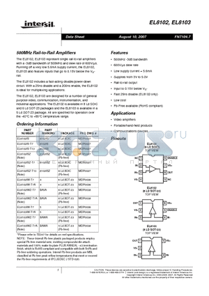 EL8102 datasheet - 500MHz Rail-to-Rail Amplifiers