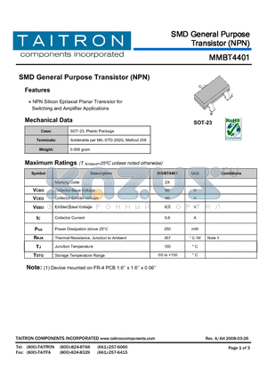 MMBT4401 datasheet - SMD General Purpose Transistor (NPN)