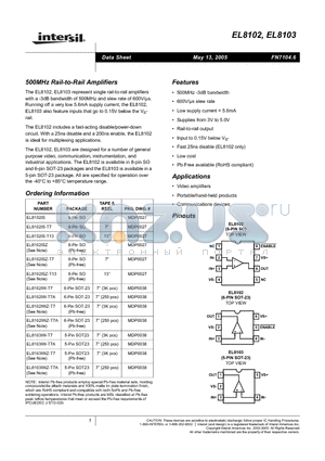 EL8102ISZ datasheet - 500MHz Rail-to-Rail Amplifiers