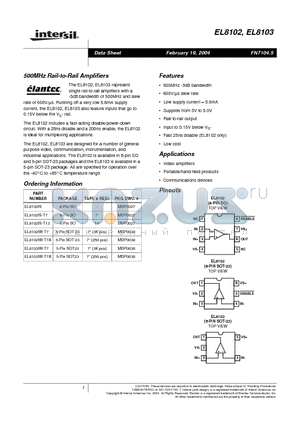 EL8102ISZ-T7 datasheet - 500MHz Rail-to-Rail Amplifiers