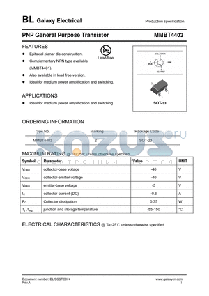 MMBT4403 datasheet - PNP General Purpose Transistor