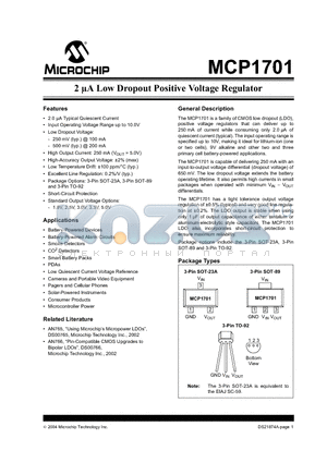 MCP1701 datasheet - 2uA Low Dropoout Positive Voltage Refulator