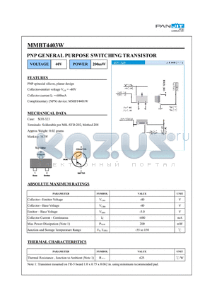 MMBT4403W datasheet - PNP GENERAL PURPOSE SWITCHING TRANSISTOR