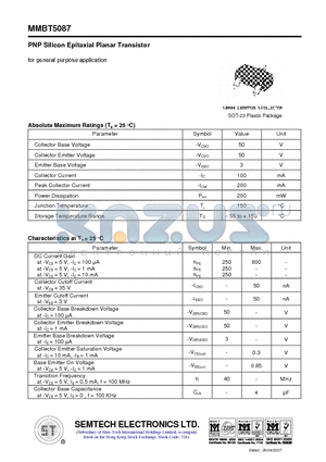 MMBT5087 datasheet - PNP Silicon Epitaxial Planar Transistor