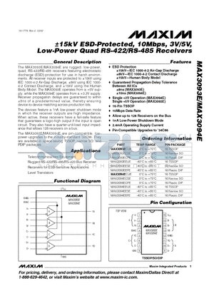 MAX3094E datasheet - a15kV ESD-Protected, 10Mbps, 3V/5V, Low-Power Quad RS-422/RS-485 Receivers