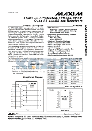 MAX3095CSE datasheet - a15kV ESD-Protected, 10Mbps, 3V/5V, Quad RS-422/RS-485 Receivers