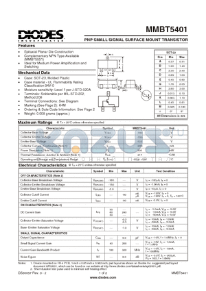 MMBT5401 datasheet - PNP SMALL SIGNAL SURFACE MOUNT TRANSISTOR