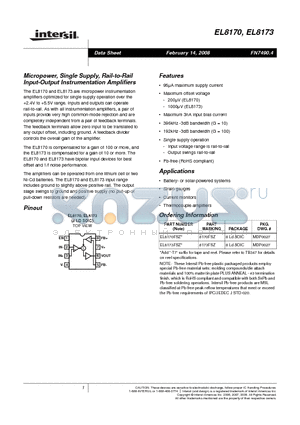 EL8170_08 datasheet - Micropower, Single Supply, Rail-to-Rail Input-Output Instrumentation Amplifiers