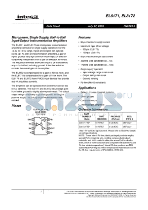 EL8171 datasheet - Micropower, Single Supply, Rail-to-Rail Input-Output Instrumentation Amplifiers