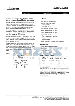 EL8172 datasheet - Micropower, Single Supply, Rail-to-Rail Input-Output Instrumentation Amplifiers