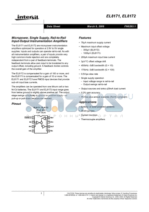 EL8172IS-T13 datasheet - Micropower, Single Supply, Rail-to-Rail Input-Output Instrumentation Amplifiers