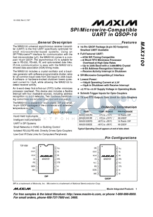 MAX3100CPD datasheet - SPI/Microwire-Compatible UART in QSOP-16