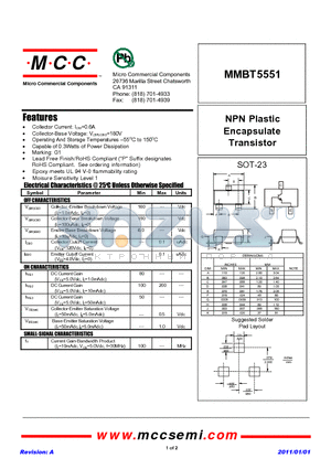 MMBT5551 datasheet - NPN Plastic Encapsulate Transistor