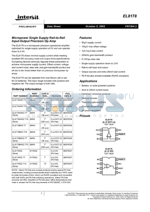 EL8178BIWZ-T7 datasheet - Micropower Single Supply Rail-to-Rail Input-Output Precision Op Amp