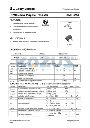 MMBT5551 datasheet - NPN General Purpose Transistor