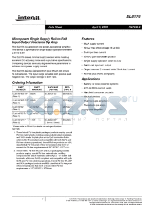 EL8176FWZ-T7 datasheet - Micropower Single Supply Rail-to-Rail Input-Output Precision Op Amp