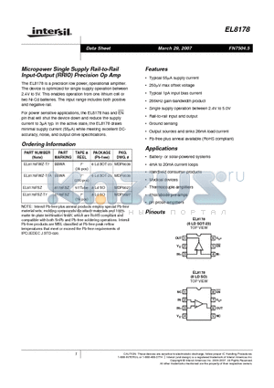 EL8178FWZ-T7 datasheet - Micropower Single Supply Rail-to-Rail Input-Output (RRIO) Precision Op Amp