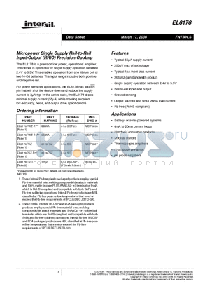 EL8178FWZ-T7 datasheet - Micropower Single Supply Rail-to-Rail Input-Output (RRIO) Precision Op Amp