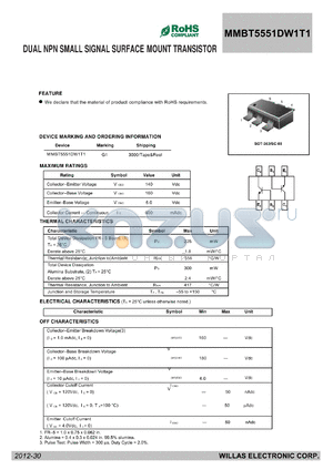 MMBT5551DW1T1 datasheet - DUAL NPN SMALL SIGNAL SURFACE MOUNT TRANSISTOR