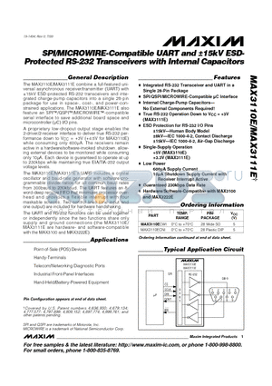 MAX3111 datasheet - SPI/MICROWIRE-Compatible UART and a15kV ESDProtected RS-232 Transceivers with Internal Capacitors