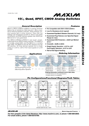 MAX312CUE datasheet - 10, Quad, SPST, CMOS Analog Switches