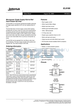 EL8186IW-T7 datasheet - Micropower Single Supply Rail-to-Rail Input-Output Precision Op Amp