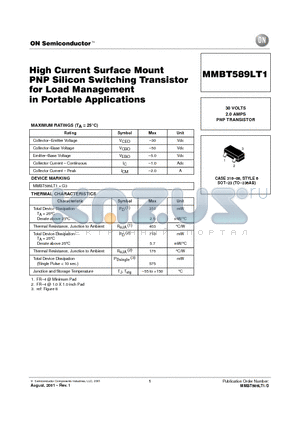 MMBT589LT1 datasheet - High Current Surface Mount PNP Silicon Switching Transistor