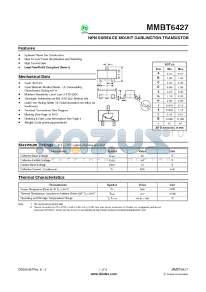 MMBT6427-7-F datasheet - NPN SURFACE MOUNT DARLINGTON TRANSISTOR