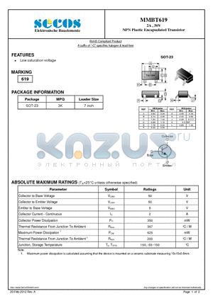 MMBT619 datasheet - 2A , 50V NPN Plastic Encapsulated Transistor