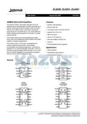 EL8200 datasheet - 200MHz Rail-to-Rail Amplifiers