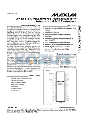 MAX3131EAI datasheet - 3V to 5.5V, IrDA Infrared Transceiver with Integrated RS-232 Interface