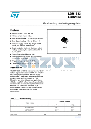 LDR1833PT-R datasheet - Very low drop dual voltage regulator