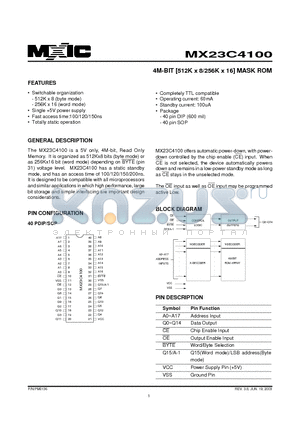 MX23C4100 datasheet - 4M-BIT [512K x 8/256K x 16] MASK ROM