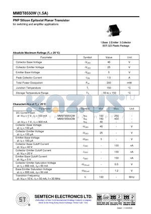 MMBT8550W datasheet - PNP Silicon Epitaxial Planar Transistor