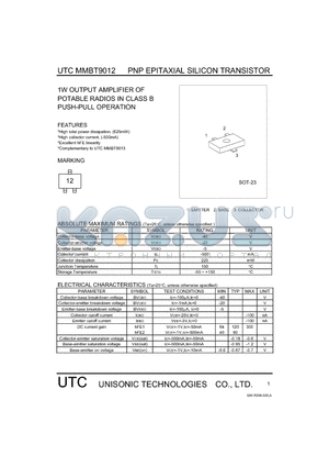 MMBT9012 datasheet - 1W OUTPUT AMPLIFIER OF POTABLE RADIOS IN CLASS B PUSH-PULL OPERATION