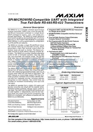 MAX3140EEI datasheet - SPI/MICROWIRE-Compatible UART with Integrated True Fail-Safe RS-485/RS-422 Transceivers