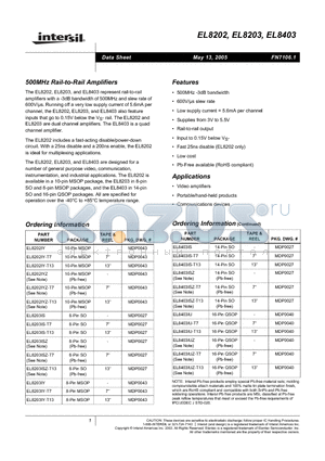 EL8203ISZ-T7 datasheet - 500MHz Rail-to-Rail Amplifiers