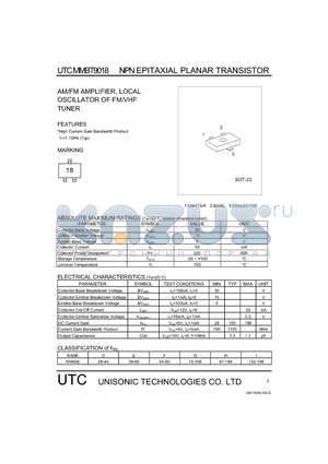 MMBT9018 datasheet - AM/FM AMPLIFIER, LOCAL OSCILLATOR OF FM/VHF TUNER NPN EPITAXIAL PLANAR TRANSISTOR