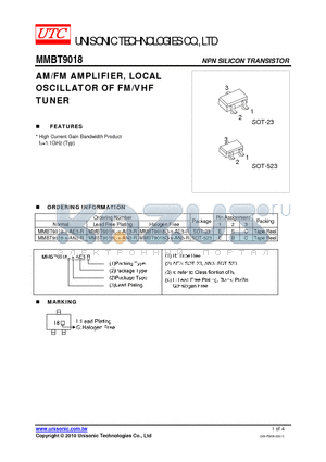 MMBT9018-X-AN3-R datasheet - AM/FM AMPLIFIER, LOCAL OSCILLATOR OF FM/VHF TUNER