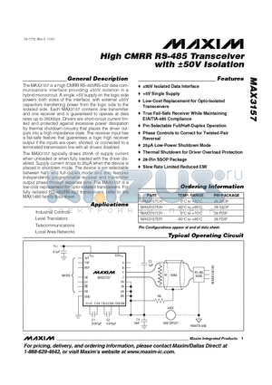 MAX3157 datasheet - High CMRR RS-485 Transceiver with a50V Isolation