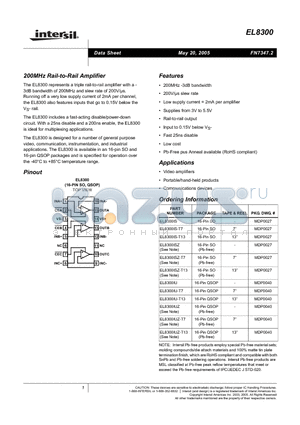 EL8300IUZ-T13 datasheet - 200MHz Rail-to-Rail Amplifier