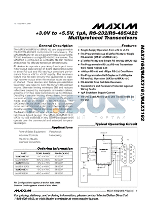 MAX3161 datasheet - 3.0V to 5.5V, 1uA, RS-232/RS-485/422 Multiprotocol Transceivers