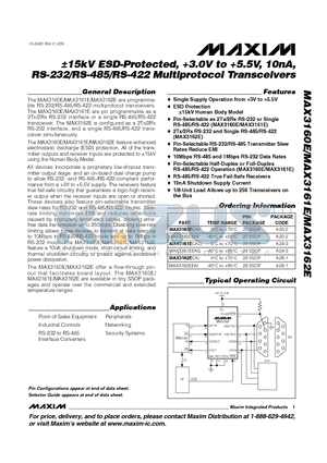 MAX3161ECAG datasheet - 5kV ESD-Protected, 3.0V to 5.5V, 10nA, RS-232/RS-485/RS-422 Multiprotocol Transceivers