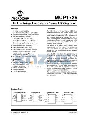 MCP1726T-1202E/SN datasheet - 1A, Low Voltage, Low Quiescent Current LDO Regulator