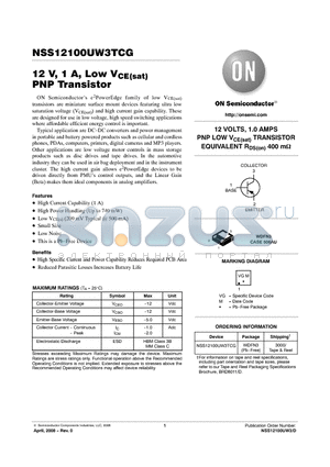 NSS12100UW3TCG datasheet - 12 V, 1 A, Low VCE(sat) PNP Transistor